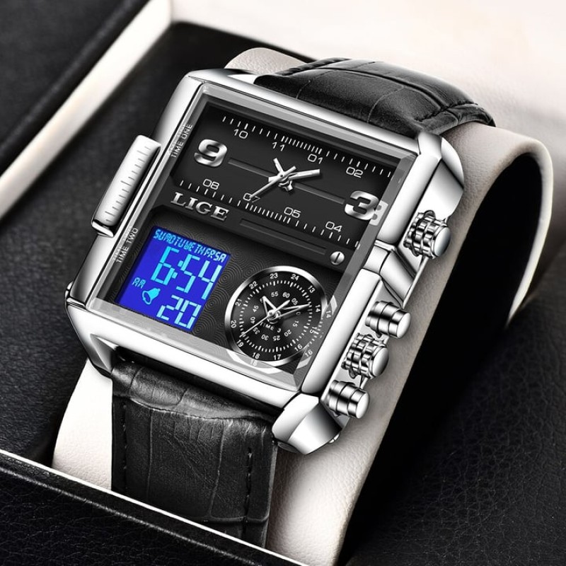 LIGE 8925C Double Quartz Movement Square Wrist Watches for men with brand box - Image 2