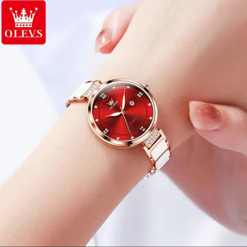 OLEVS Ceramics strap 5589 RoseGold Stainless Steel Ceramics Watchstrap Analoge Wrist Watch For Women Red & RoseGold premium quality - Image 5