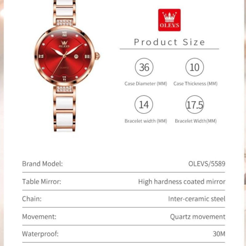 OLEVS Ceramics strap 5589 RoseGold Stainless Steel Ceramics Watchstrap Analoge Wrist Watch For Women Red & RoseGold premium quality - Image 2