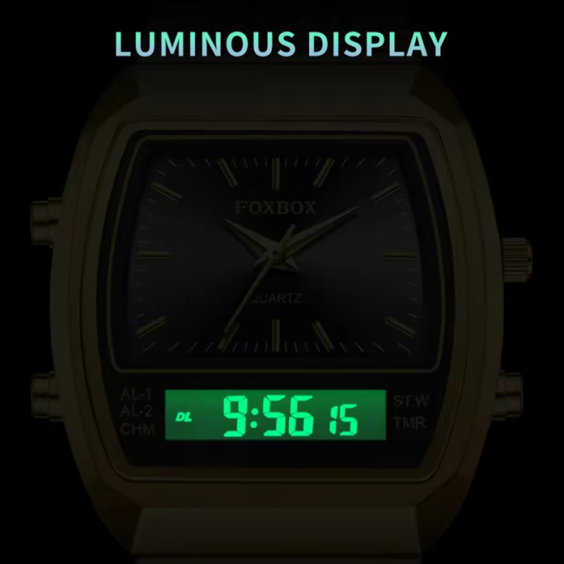 FOXBOX FB0097 Gold Black Watch Dual Digital Time Zone Square Wristwatch - Image 4