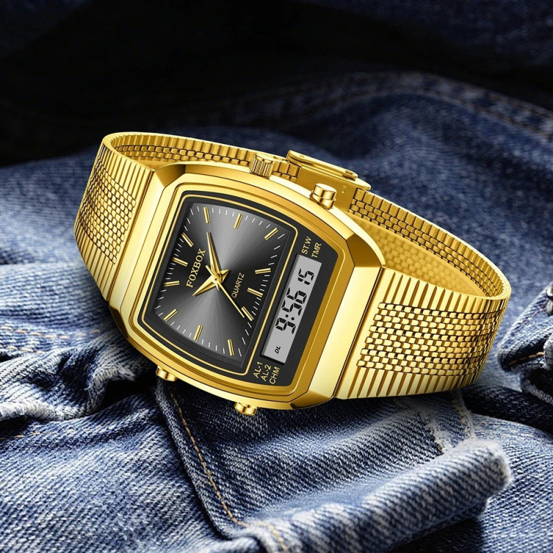 FOXBOX FB0097 Gold Black Watch Dual Digital Time Zone Square Wristwatch - Image 3