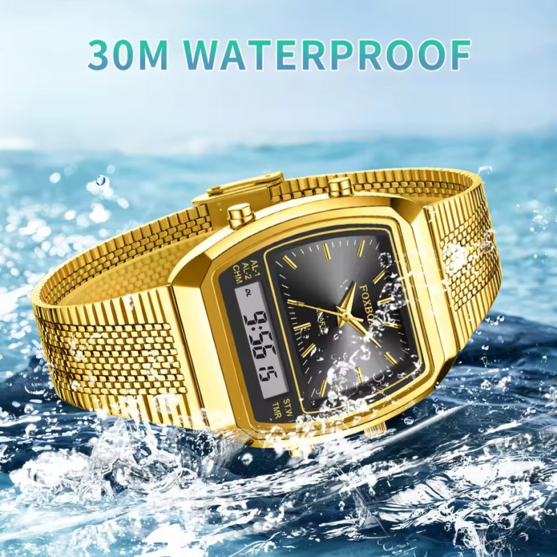 FOXBOX FB0097 Gold Black Watch Dual Digital Time Zone Square Wristwatch - Image 2