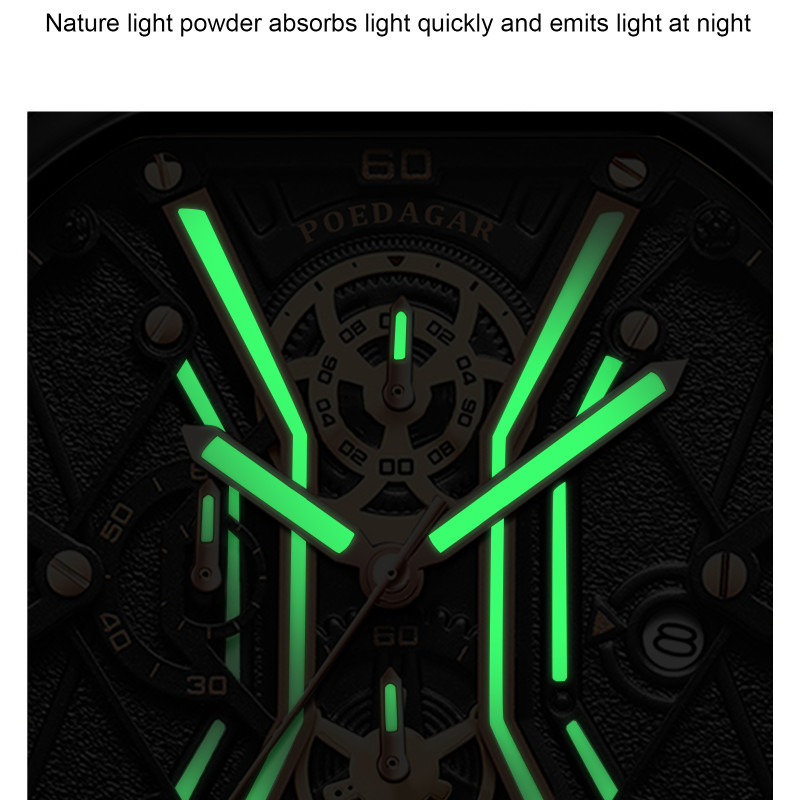POEDAGAR Original Fashion Men Wristwatches Luxury Chronograph Luminous Date Man Watch Square Dial Leather Quartz Men's Watches - Image 3