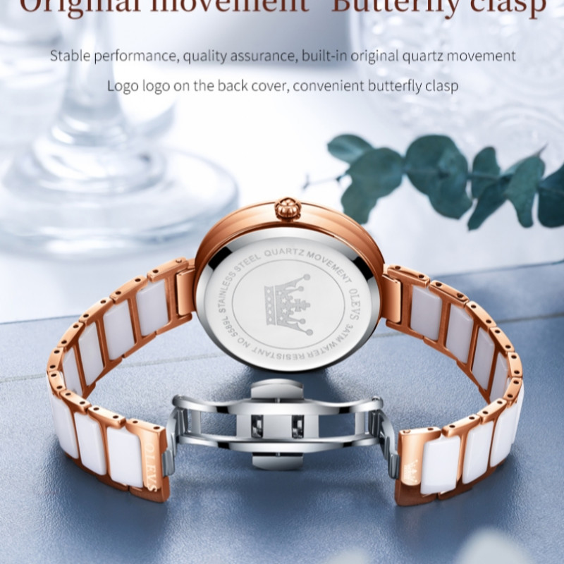 OLEVS Ceramics strap 5589 RoseGold Stainless Steel Ceramics Watchstrap Analoge Wrist Watch For Women Red & RoseGold premium quality - Image 3