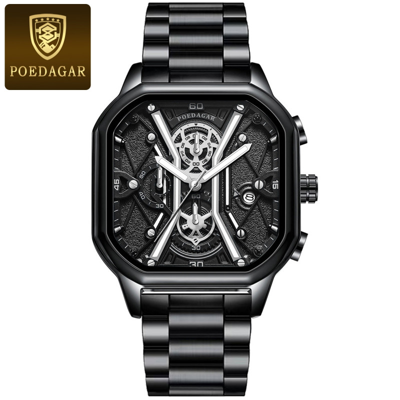 POEDAGAR Original Fashion Men Wristwatches Luxury Chronograph Luminous Date Man Watch Square Dial Leather Quartz Men's Watches - Image 5