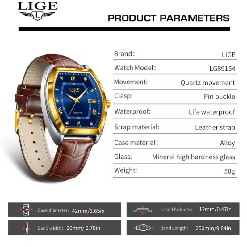LIGE 89154 Men's Watches Luxury Original Top Brand Quartz Watch for Men Leather Waterproof Luminous Diamond Dial Date Male Wristwatch - Image 3