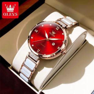 OLEVS Ceramics strap 5589 RoseGold Stainless Steel Ceramics Watchstrap Analoge Wrist Watch For Women Red & RoseGold premium quality