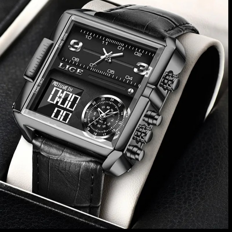 LIGE 8925C Double Quartz Movement Square Wrist Watches for men with brand box - Image 4