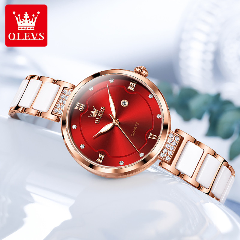 OLEVS Ceramics strap 5589 RoseGold Stainless Steel Ceramics Watchstrap Analoge Wrist Watch For Women Red & RoseGold premium quality - Image 4