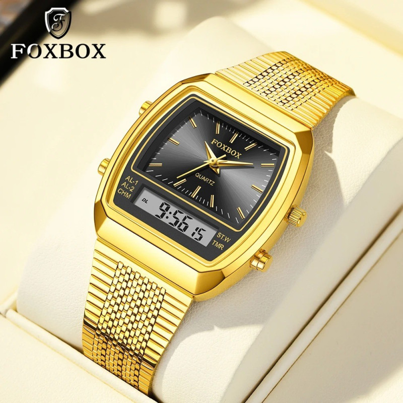 FOXBOX FB0097 Gold Black Watch Dual Digital Time Zone Square Wristwatch - Image 5