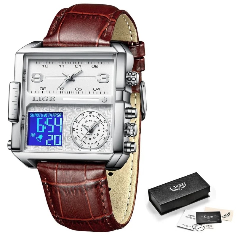 LIGE 8925C Double Quartz Movement Square Wrist Watches for men with brand box - Image 5